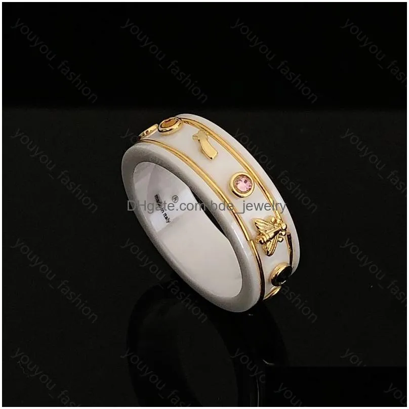 luxury white ceramic rings for women fashion 18k gold plated designer jewelry mens love rings gems mounting 925 silver party wedding gifts with box