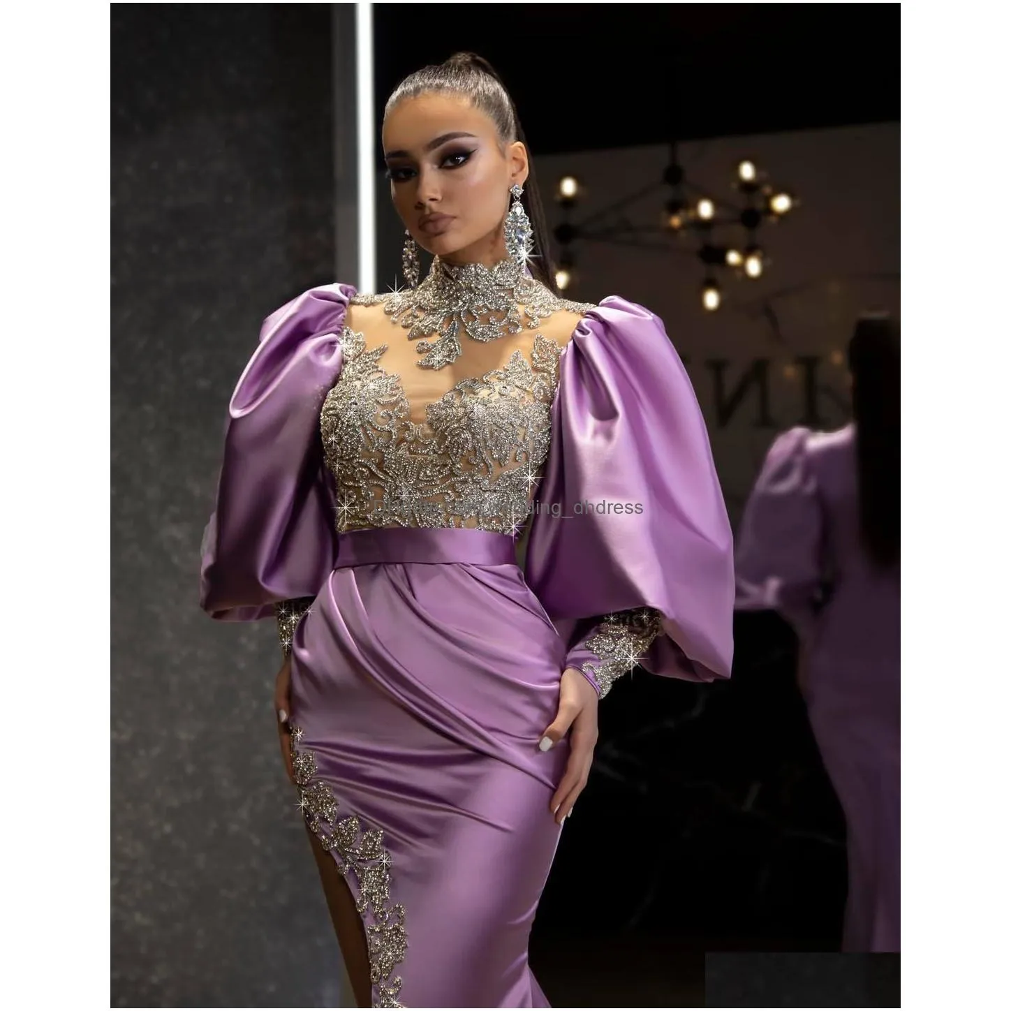 modern puff long sleeves mermaid evening dresses side high split sexy formal occasion gowns high neck lace appliques beaded light purple satin prom dress