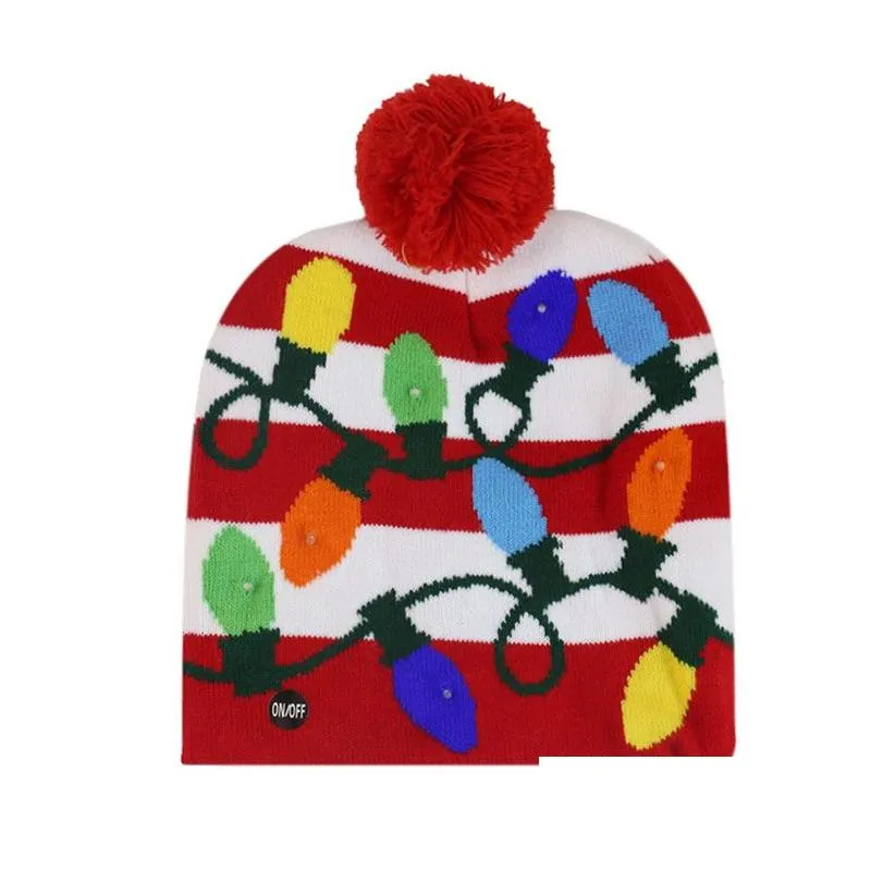 Beanie/Skull Caps Christmas Cute Patterns Festival Beanies With Led Lights Novelty Pom-Pom Beanie Size 56-60Cm Skl Caps 15 Options Mix Dhdw8