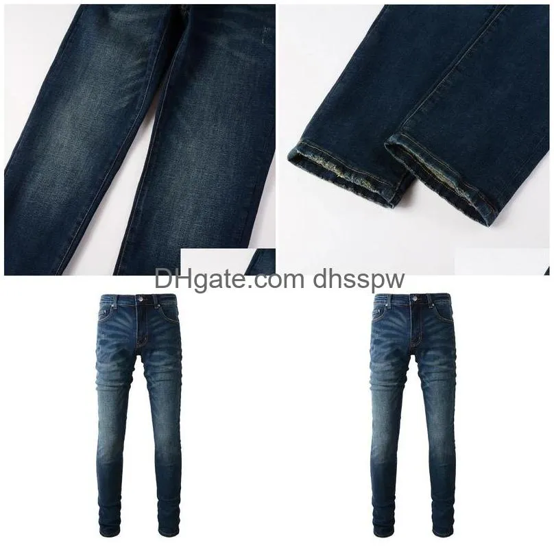 mens jeans men classic dark blue stretch denim jeans high quality skinny tapered pants casual all match ripped pockets trousers