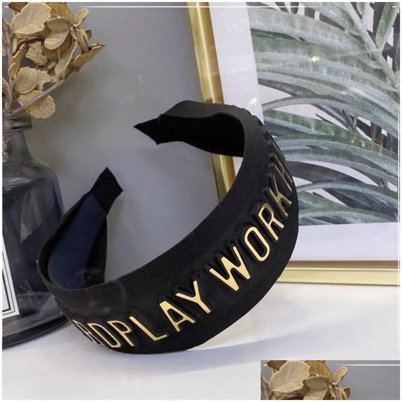 Headbands Ins Elastic Black Retro Hairband Women 3D Gilt Letter Logo Headband Wide Edge Hair Hoop Gold And Sier Wholesale Drop Delive Dhfmz