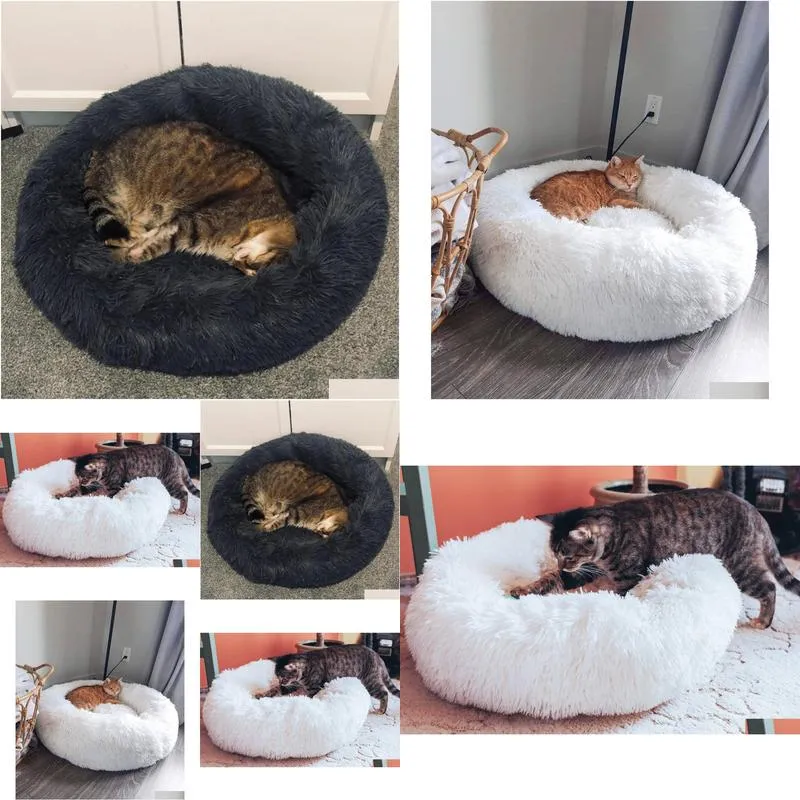 Cat Beds & Furniture Calming Cat Bed - Donut Fluffy Pet Warm Kitten Kennel Soft Round Cave Nest Drop Delivery Home Garden Pet Supplies Otxxi