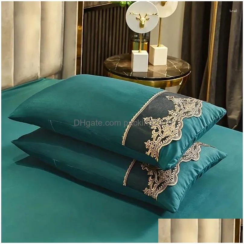 Bedding Sets 4Pcs Duvet Er Set Green With Zip Ties Soft Comfortable Bedskirt For Bedroom Guest Room Drop Delivery Dh1Az