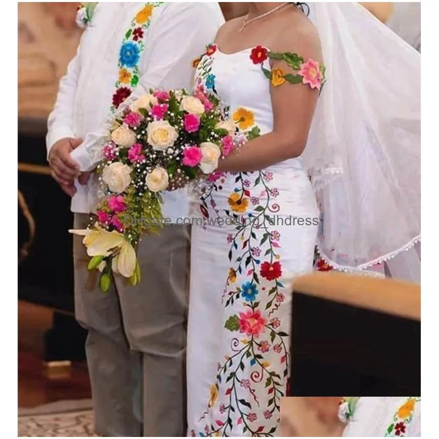 white mermaid mexican wedding dress with floral embroidery long satin elegant bridal gowns vestido de novia off the shoulder gorgeous bride dresses 2024