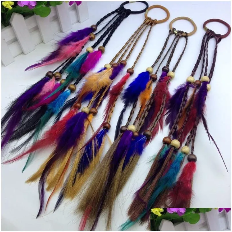 Hair Rubber Bands Handmade Bohemia Feather Hair Rubber Bands With Plait Wood Beads Girls Hippie Rope Mix Colors Drop Delivery Jewelry Dhlup