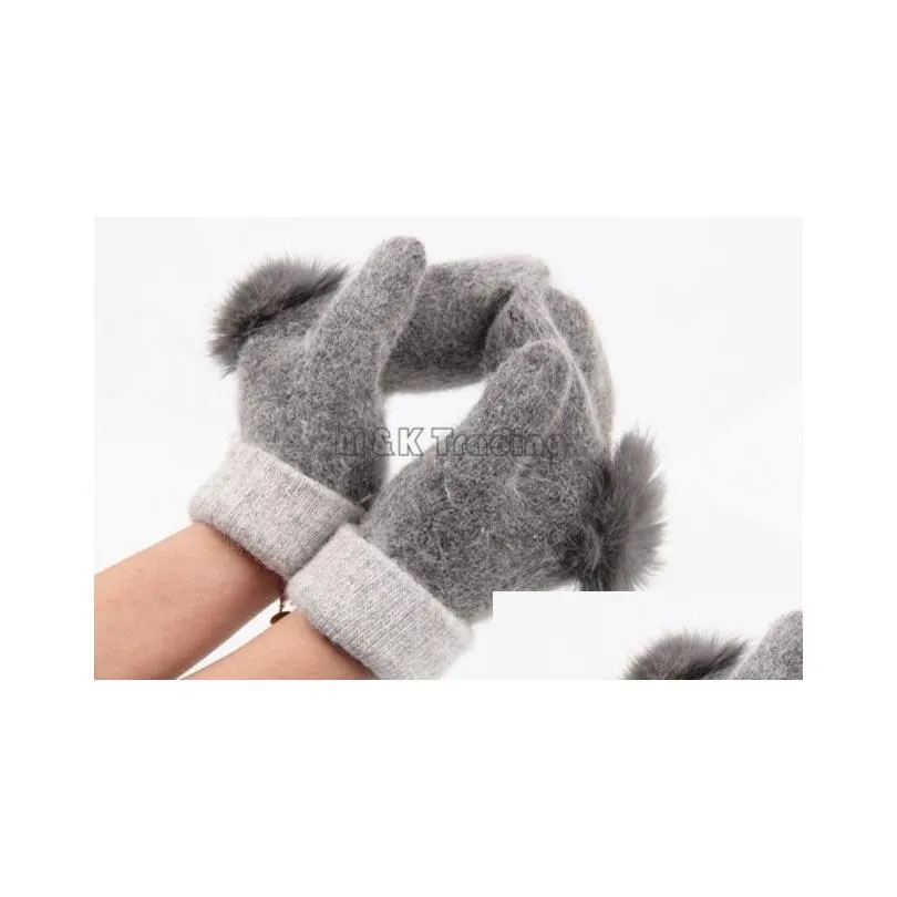 Mittens Woolen Gloves Warm And Soft Winter Ladies Mittens Solid Color Grace Rabbit Fur Ball Double Layer Match Colors Drop Delivery Fa Dhnbs