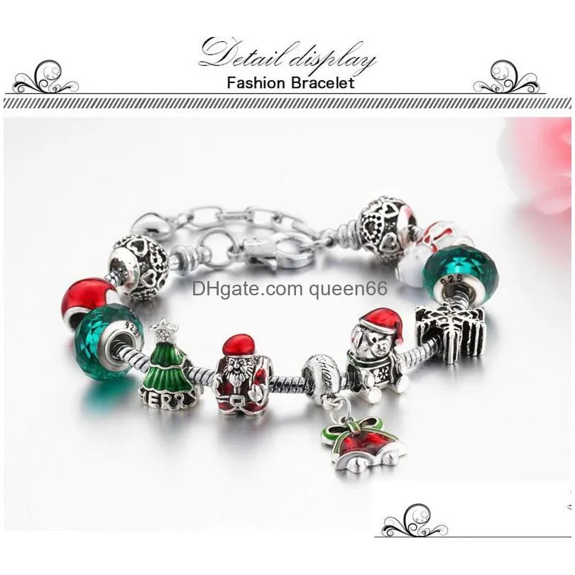 Beaded Christmas Bracelet Santa Bell Charm Diy Jewelry Making Green Xmas Tree Sier Color Alloy Crystal Bead Drop Delivery Jewelry Bra Dh6Lv