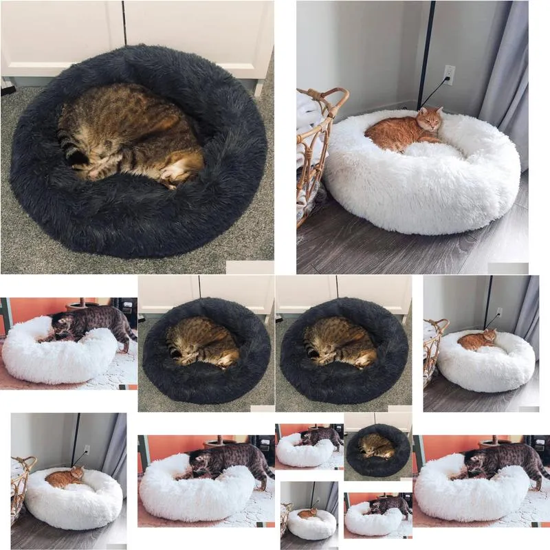 Cat Beds & Furniture Calming Cat Bed - Donut Fluffy Pet Warm Kitten Kennel Soft Round Cave Nest Drop Delivery Home Garden Pet Supplies Otvvt