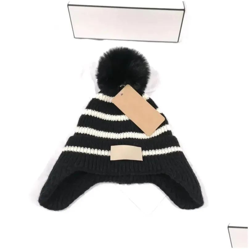 Beanie/Skull Caps New Baby Stripes Knitting Hats Ushanka Brand Children Winter Cap Kids Beanies Big Ball 6 Colors For 2-8 Years Old Dr Dhk9V