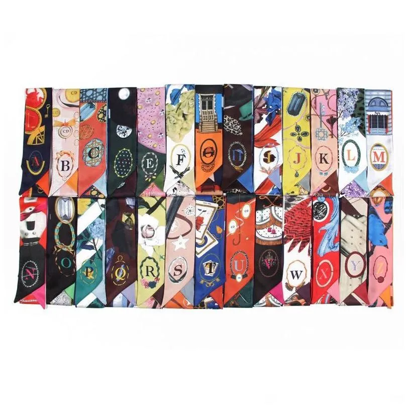 Scarves Fashion Scarves Small Ribbon Tarot 26 Letter Printed Binding Bag Twill Imitation Silk Scarf Women Headband 100X6Cm Wholesale D Dhrcw