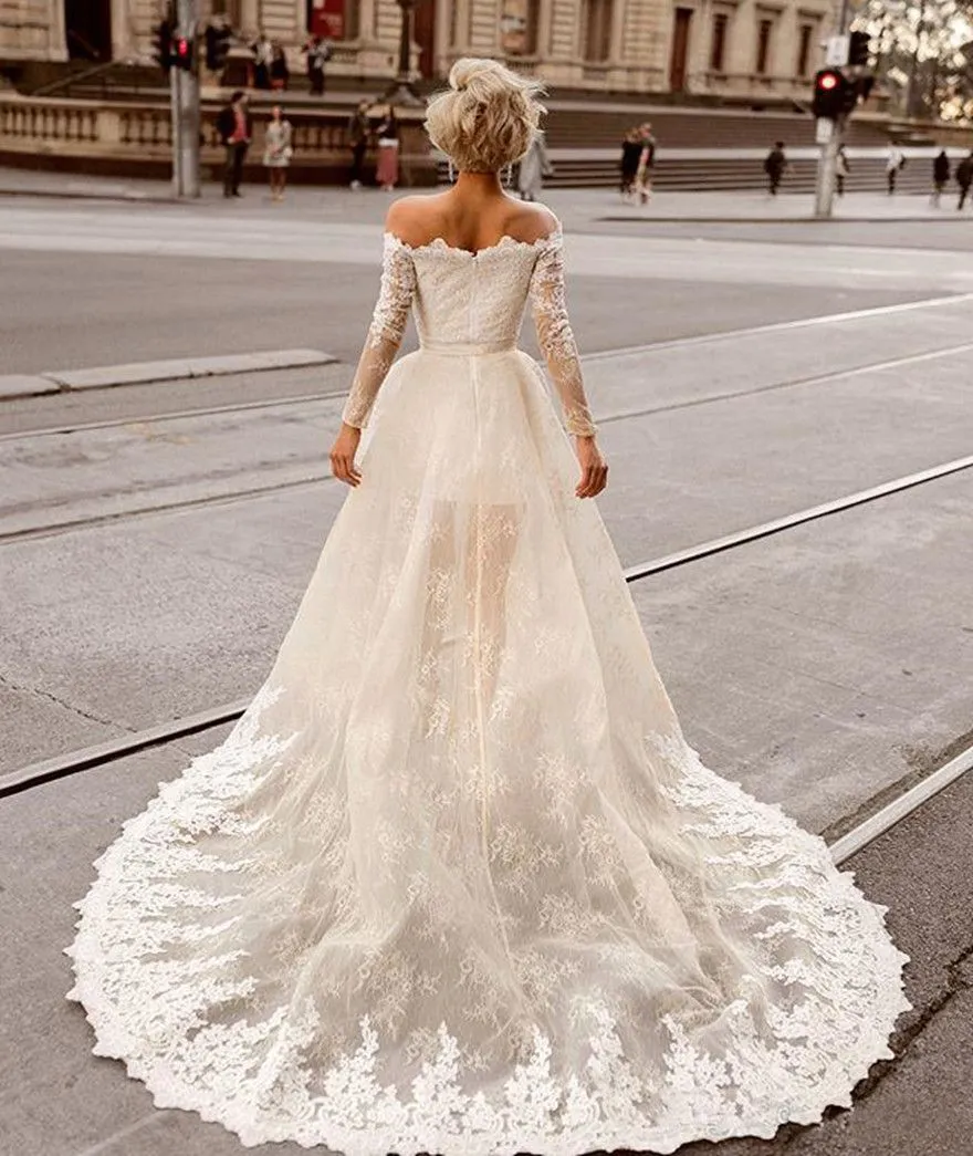 2024 A Line Short Wedding Dresses Vintage Off Shoulder Long Sleeves Lace Appliques Detachable Train Overskirts Two Pieces Hi Lo Length Sweep Train Sexy Bridal Gowns