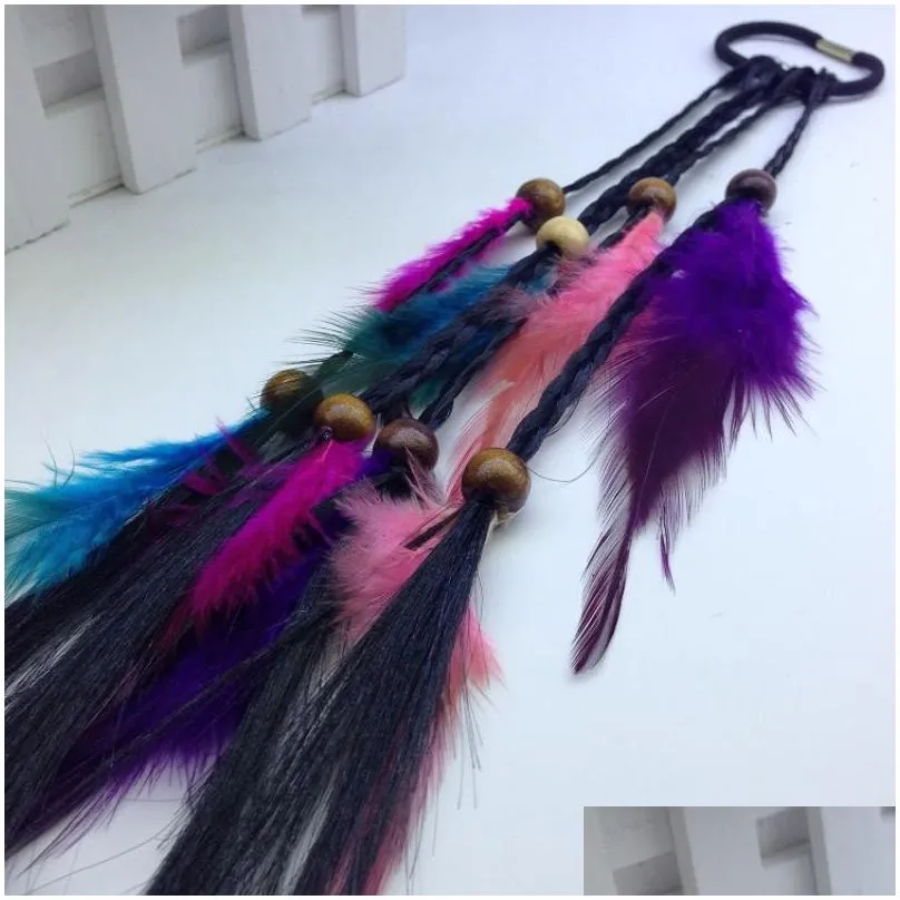 Hair Rubber Bands Handmade Bohemia Feather Hair Rubber Bands With Plait Wood Beads Girls Hippie Rope Mix Colors Drop Delivery Jewelry Dhlup