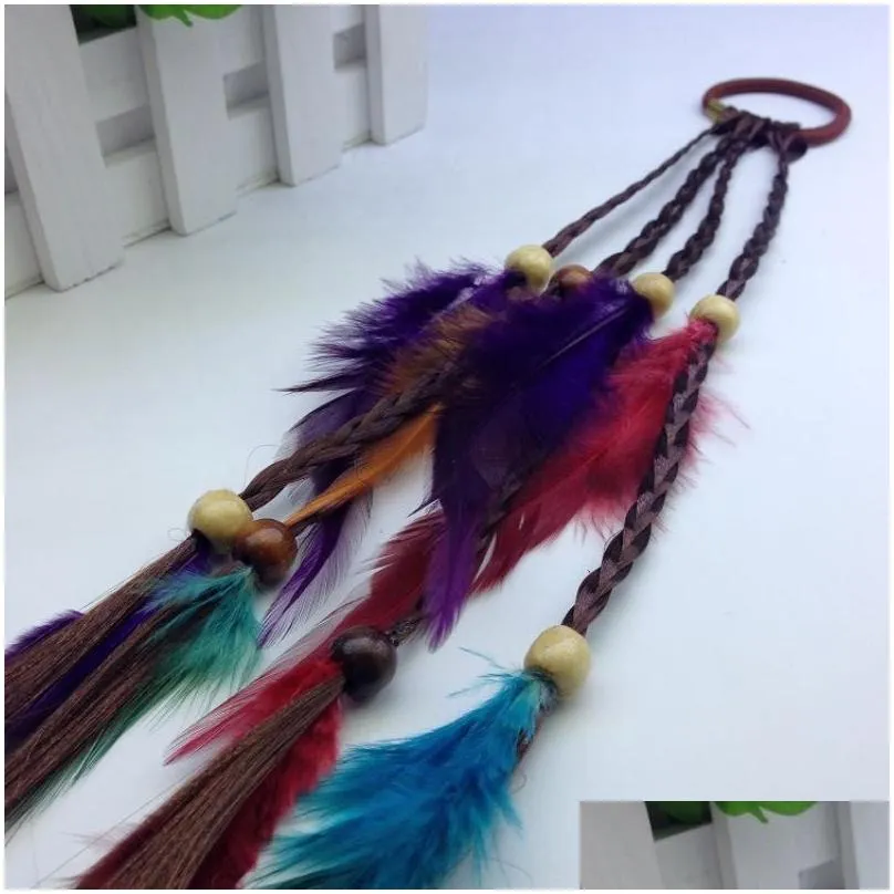 Hair Rubber Bands Handmade Bohemia Feather Hair Rubber Bands With Plait Wood Beads Girls Hippie Rope Mix Colors Drop Delivery Jewelry Dhlup