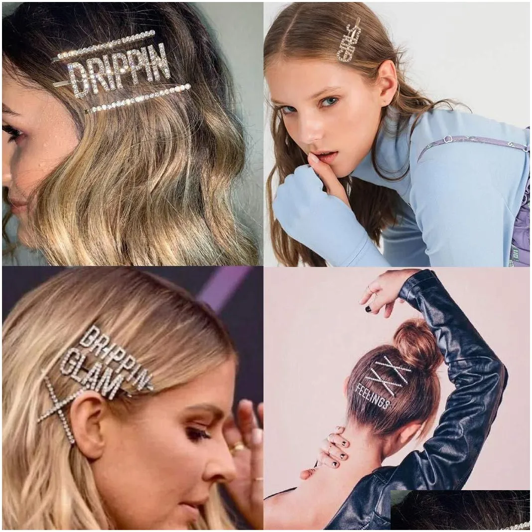 Hair Clips & Barrettes Crystal Rhinestone Letter Hair Clips Sier Girl Hairpin Diamond Words Barrettes Fashion Bangs Clip Drop Deliver Dhuc6