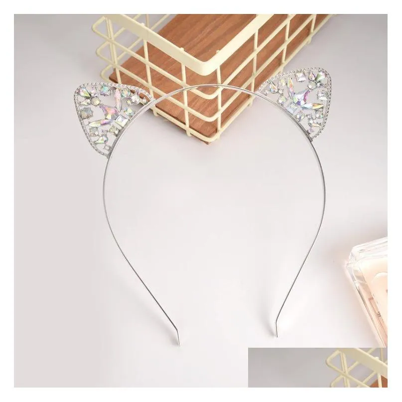 Headbands Hair Accessories Cat Ear Headband For Kids And Adt 3 Colors Head Hoop Rhinestones Metal Hairband Christmas Gift Drop Delive Dhzng