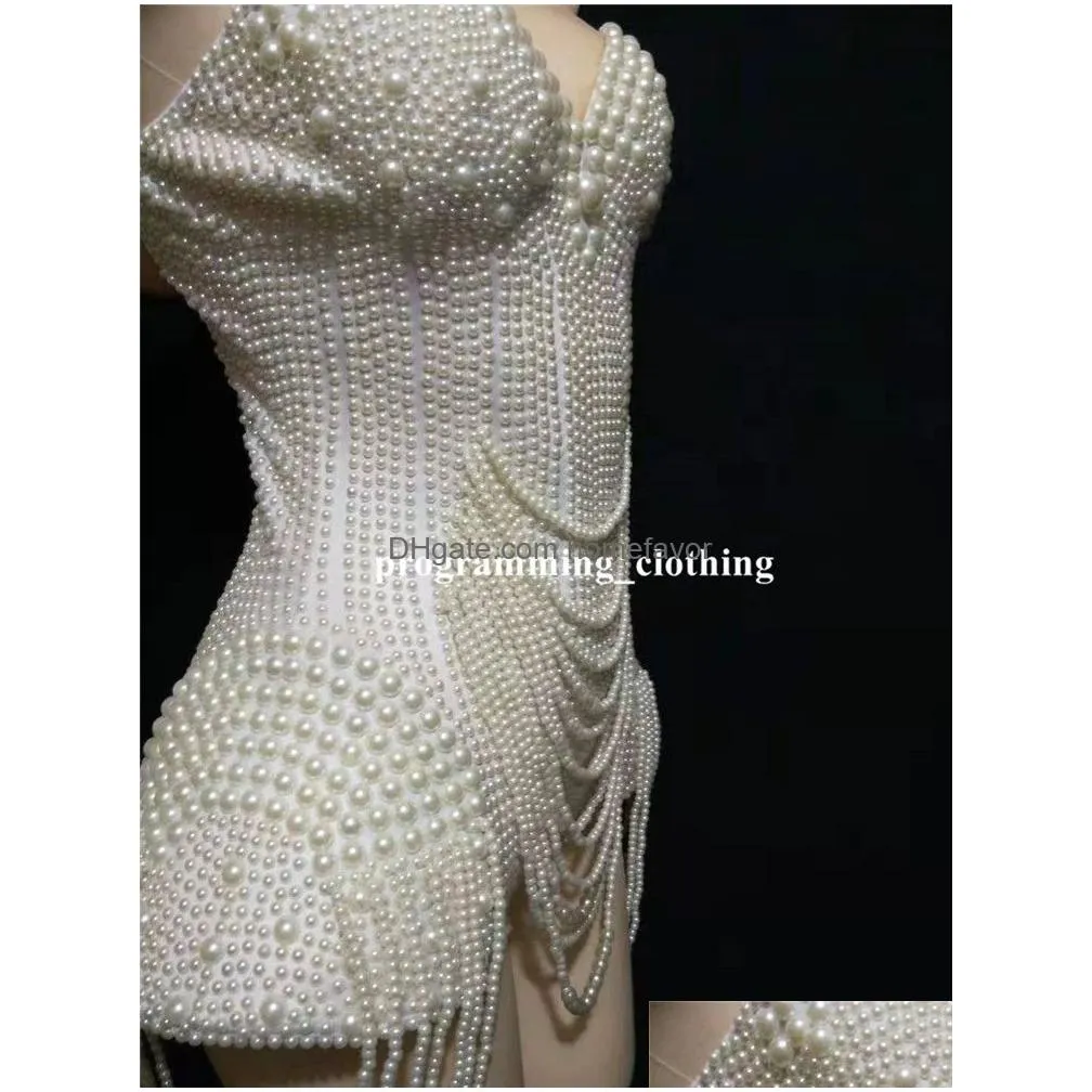 y74 white beading sleeveless bodysuit party pearl stage wear dance costumes female evening dress outfits dj short jumpsuit club