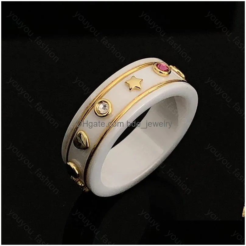 luxury white ceramic rings for women fashion 18k gold plated designer jewelry mens love rings gems mounting 925 silver party wedding gifts with box