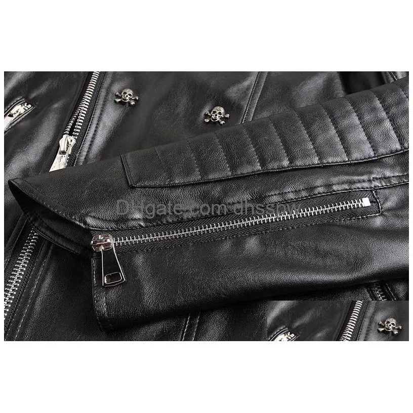 mens leather jackets black motorcycle jackets skulls rivets oblique zipper slim fit quilting punk leather jackets