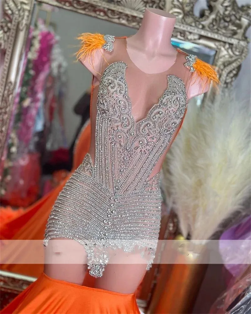 Sparkly Orange Long Prom Dresses 2024 For Black Girls Beads Crystals Rhienstones Feathers Birthday Party Gowns Reception Robe