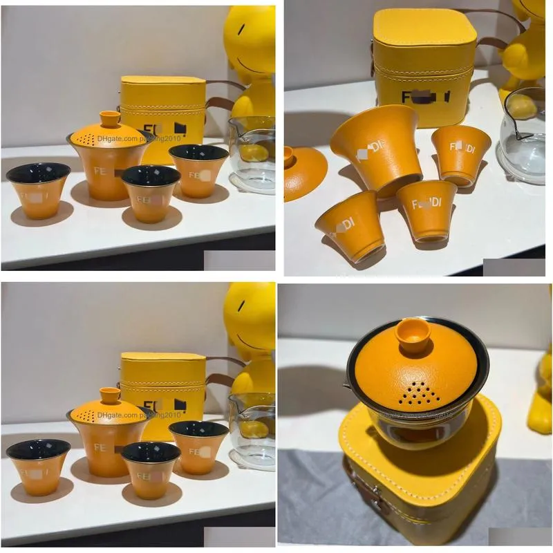 Coffee & Tea Sets Designer Portable Travel Yellow Tea Set Lazy One Pot Three Cups Outdoor Cam Ceramic Classic Logo With Box Drop Deliv Dh947