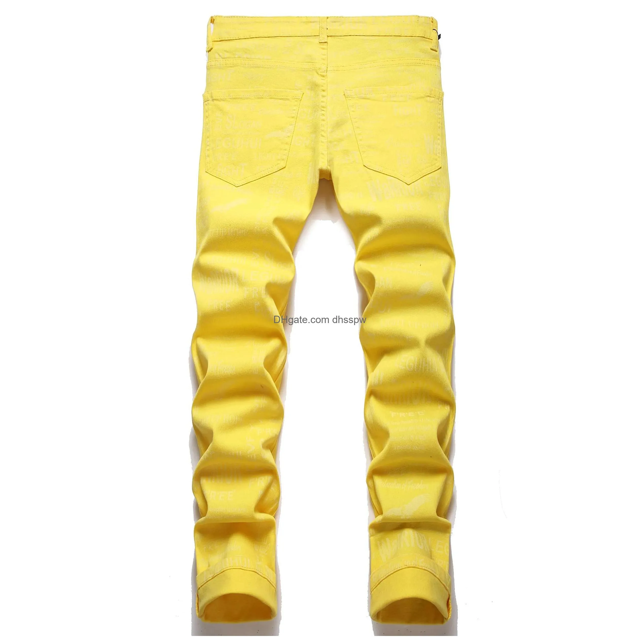 mens jeans yellow jeans slim fit pants mens denim fashion solid us size hip hop trousers for male big size 29-38