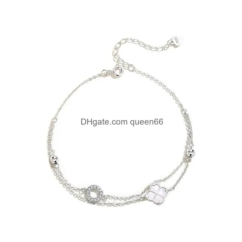 Other Anklets Real 925 Sterling Sier Double Layered Fourleaf Clover Anklet Delicate White Mother Of Pearl Ankle Bracelet Foot Chains Dhmvw
