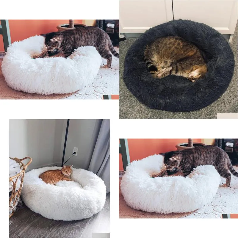 Cat Beds & Furniture Calming Cat Bed - Donut Fluffy Pet Warm Kitten Kennel Soft Round Cave Nest Drop Delivery Home Garden Pet Supplies Otvvt