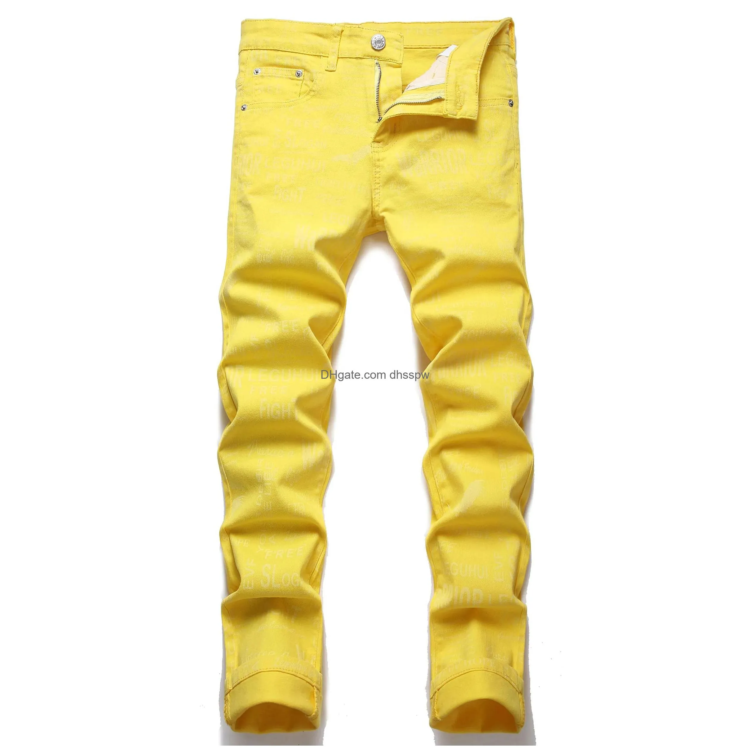 mens jeans yellow jeans slim fit pants mens denim fashion solid us size hip hop trousers for male big size 29-38