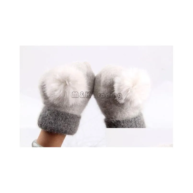 Mittens Woolen Gloves Warm And Soft Winter Ladies Mittens Solid Color Grace Rabbit Fur Ball Double Layer Match Colors Drop Delivery Fa Dhnbs