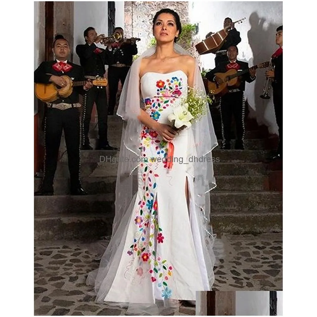 white mermaid mexican wedding dress with floral embroidery long satin elegant bridal gowns vestido de novia off the shoulder gorgeous bride dresses 2024