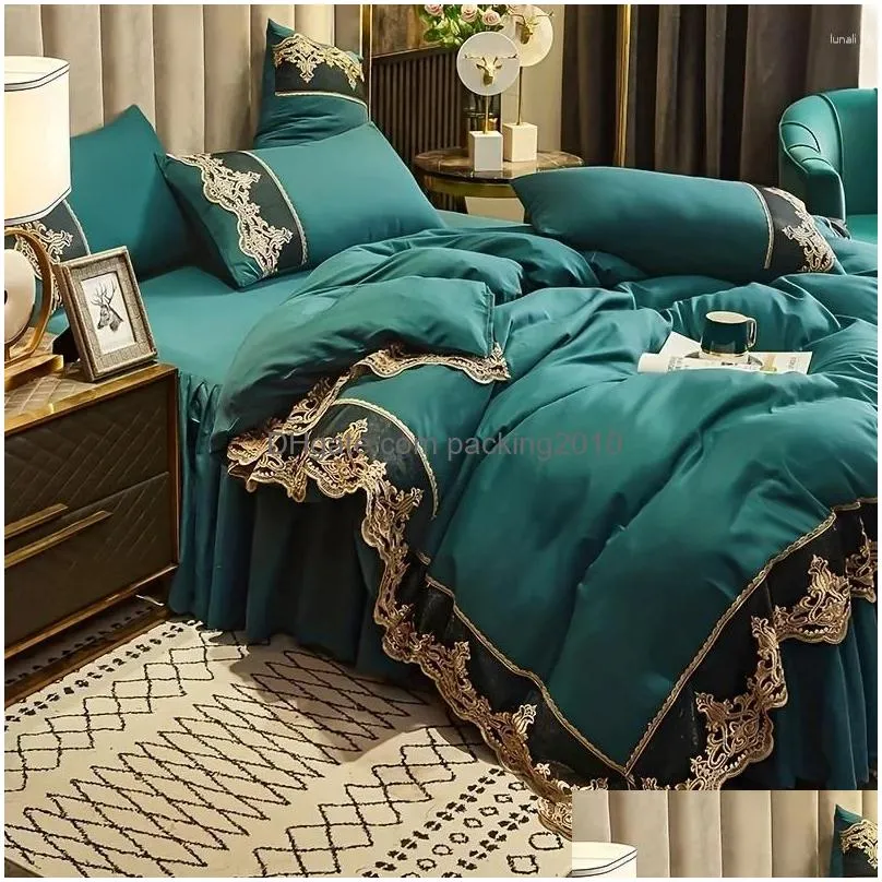 Bedding Sets 4Pcs Duvet Er Set Green With Zip Ties Soft Comfortable Bedskirt For Bedroom Guest Room Drop Delivery Dh1Az