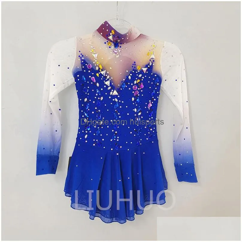 liuhuo figure skating dress girls teens blue ice skating dance skirt quality crystals dancewear ballet performance