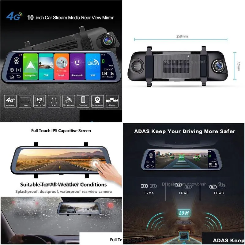 4g adas car dvr 10 inch android wifi full stream media rear view mirror 2gadd32gb flash memory with gps hd 1080p car dual lens video