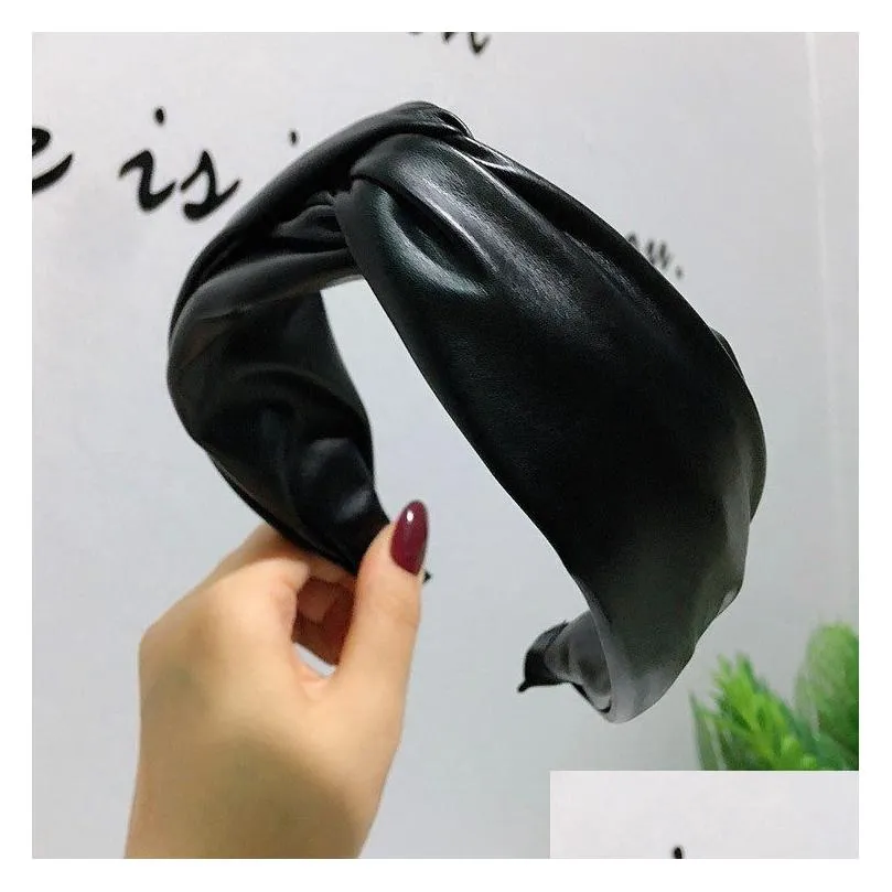 Headbands Korean Fashion Trendy Pu Leather Headband Wide Crossing Knot Headbands Simple Face Hairpin Ladies Hair Hoop Drop Delivery J Dhkpa