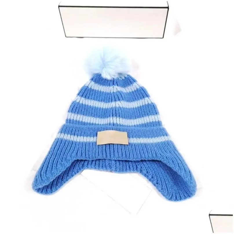 Beanie/Skull Caps New Baby Stripes Knitting Hats Ushanka Brand Children Winter Cap Kids Beanies Big Ball 6 Colors For 2-8 Years Old Dr Dhk9V