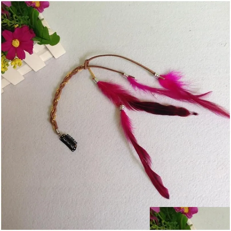 Hair Clips & Barrettes Handmade Bohemia Feather Hair Barrettes Fashion Colorf Pigtail With Metal Chain Card Bb Clip 8 Colors Wholesal Dh591