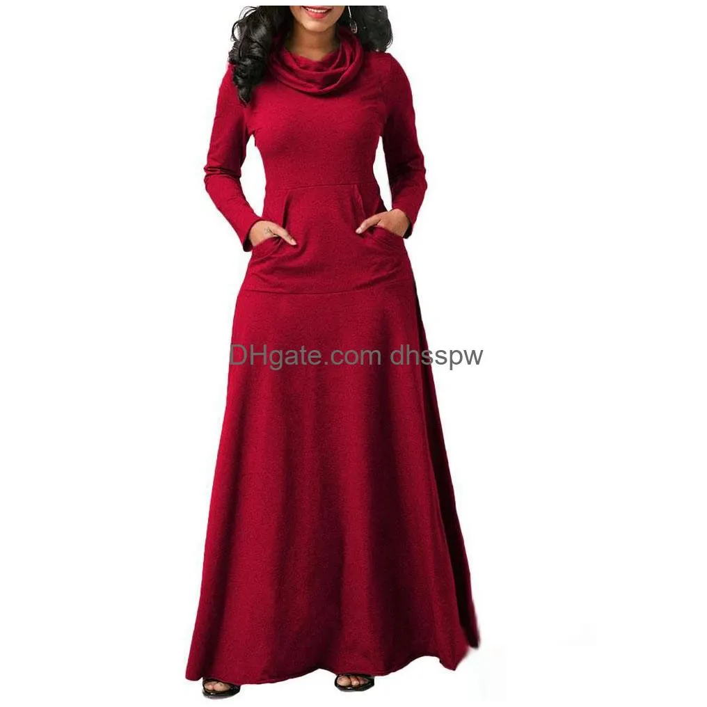 woman casual cowl neck a-line pocket long maxi dress ladies long sleeved dresses