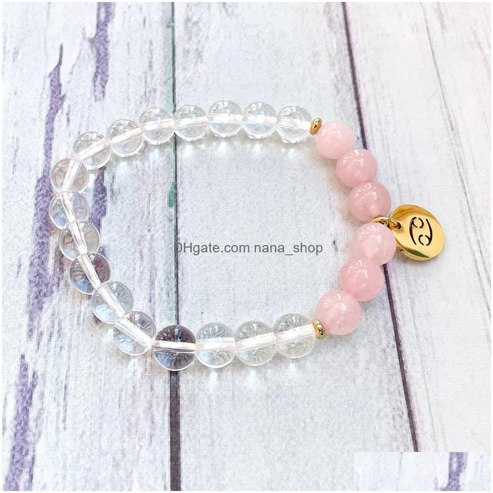 Beaded Mg1528 Strand 8 Mm Rose Quartz Cancer Zodiac Bracelet Fashion Womens Clear Gemstone Bracelets Birthday Stone Wrist Mala Jewelr Dhm2N