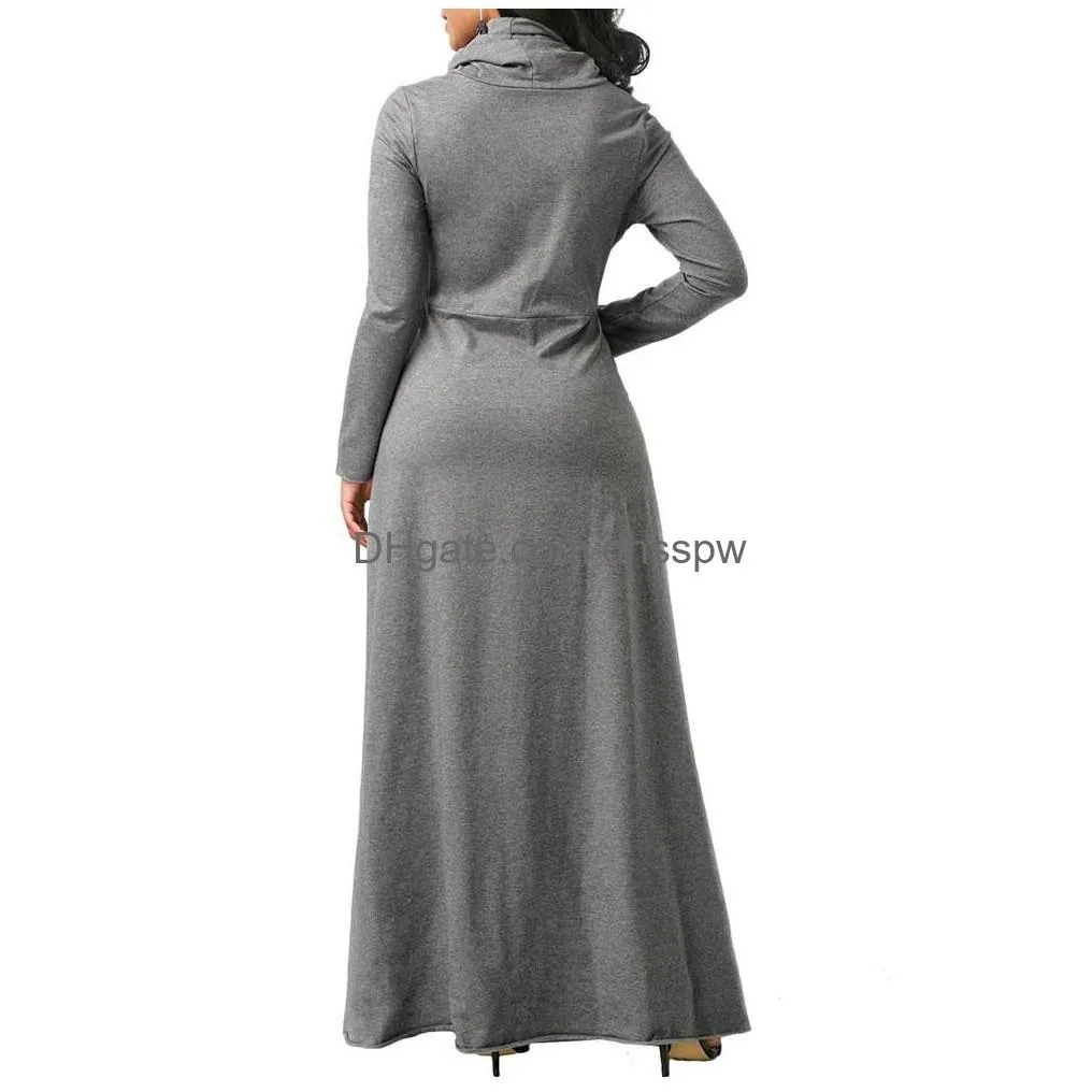 woman casual cowl neck a-line pocket long maxi dress ladies long sleeved dresses