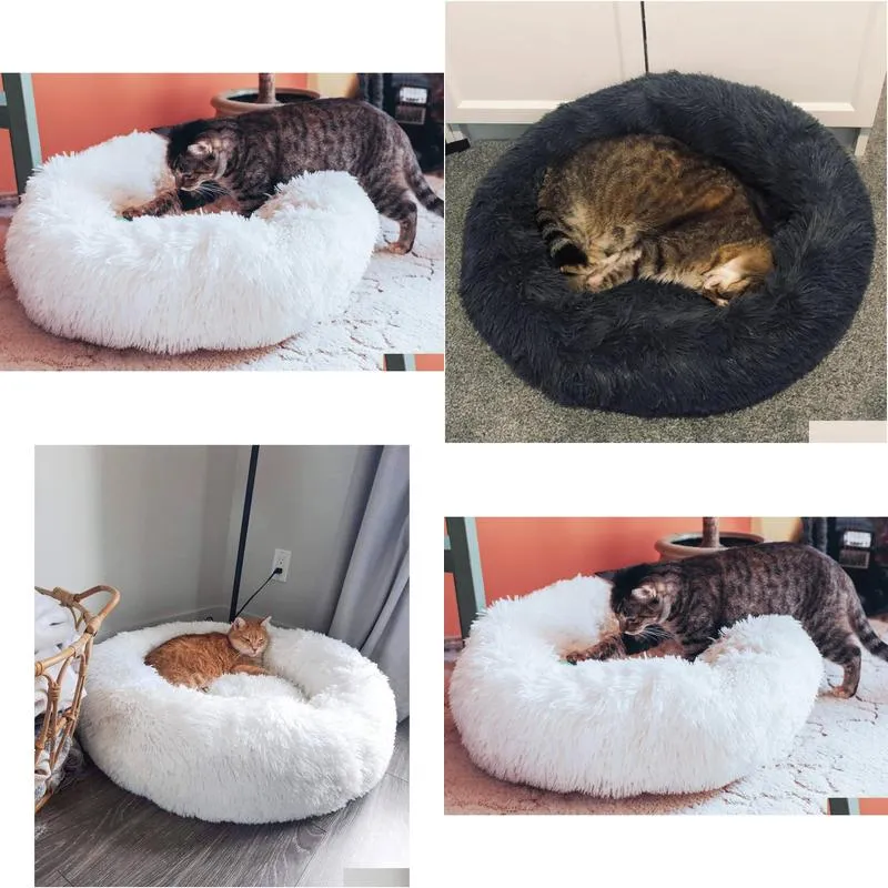 Cat Beds & Furniture Calming Cat Bed - Donut Fluffy Pet Warm Kitten Kennel Soft Round Cave Nest Drop Delivery Home Garden Pet Supplies Otxxi