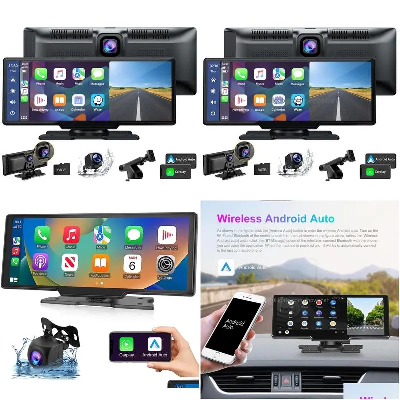 10.26 car stereo  carplay android auto with 2.5k dash cam 1080p backup camera car radio with bluetooth/mirror link/maps navigation/voice control/64gtf