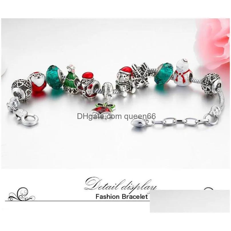 Beaded Christmas Bracelet Santa Bell Charm Diy Jewelry Making Green Xmas Tree Sier Color Alloy Crystal Bead Drop Delivery Jewelry Bra Dh6Lv