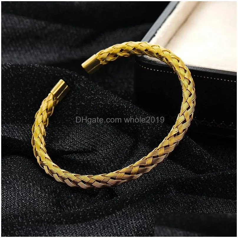 Cuff Knitting Bracelet For Man Women 14K Yellow Gold Opening Cuff Adjustable Bangle Charm Jewelry Handmade Vintage Drop Delivery Jewe Dhiy3