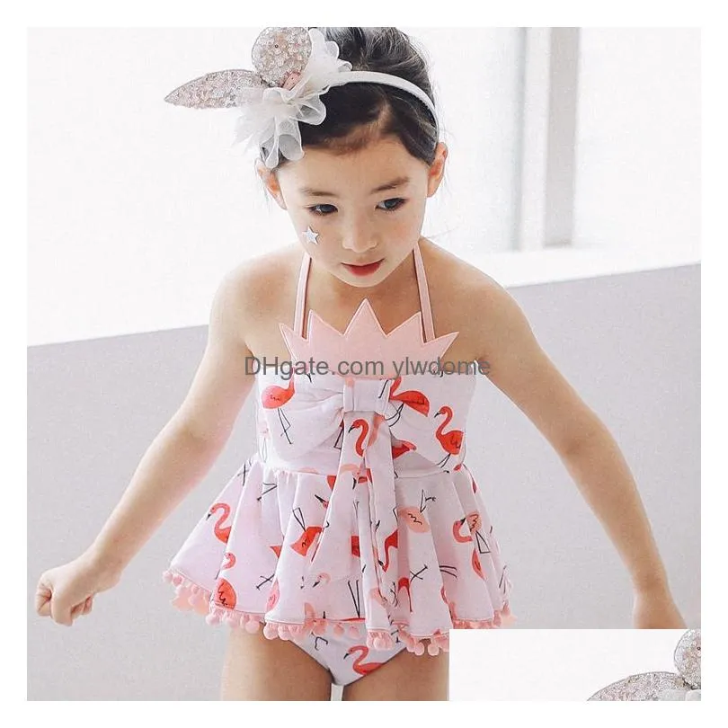 Two-Pieces Girls Swimming Set Cartoon Flamingo Swimwear Suits Girl Sun Bathing Spring Swim Sets Bow Tank Tops Underpant Shorts With Ca Dhpan