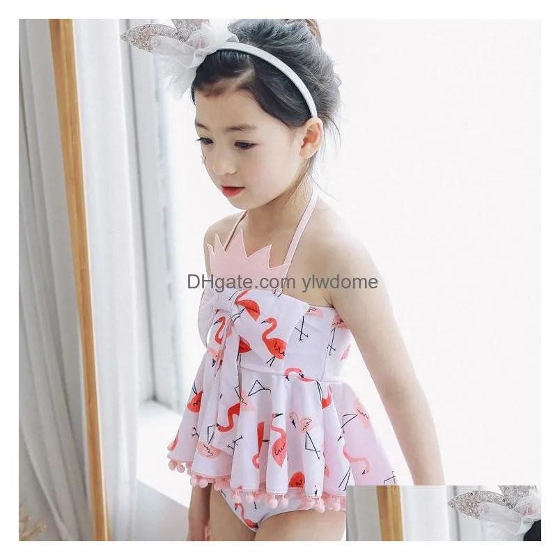 Two-Pieces Girls Swimming Set Cartoon Flamingo Swimwear Suits Girl Sun Bathing Spring Swim Sets Bow Tank Tops Underpant Shorts With Ca Dhpan