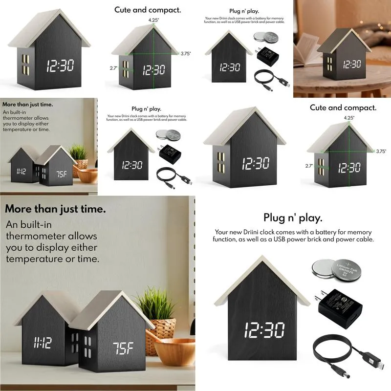 Desk & Table Clocks Digital House-Shaped Alarm Clock With Temperature Display Cute Cube Frame And White Led Dimmer Small Desk For Beds Otwwj