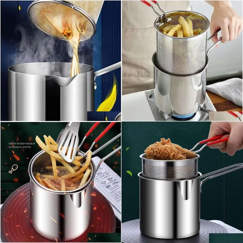 Cookware Parts Kitchen Deep Frying Pot With Strainer 304 Stainless Steel Tempura Pan Chicken Fried Cooking Drop Delivery Home Garden K Ot7Jd