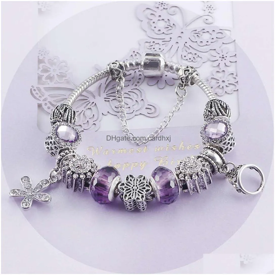 Charm Bracelets Wholesale-Bracelet 925 Sier Pandoa Style Bracelets Love Flower Crystal Shoes Pendant Snake Chain Bangle Diy Jewelry W Dh0O6