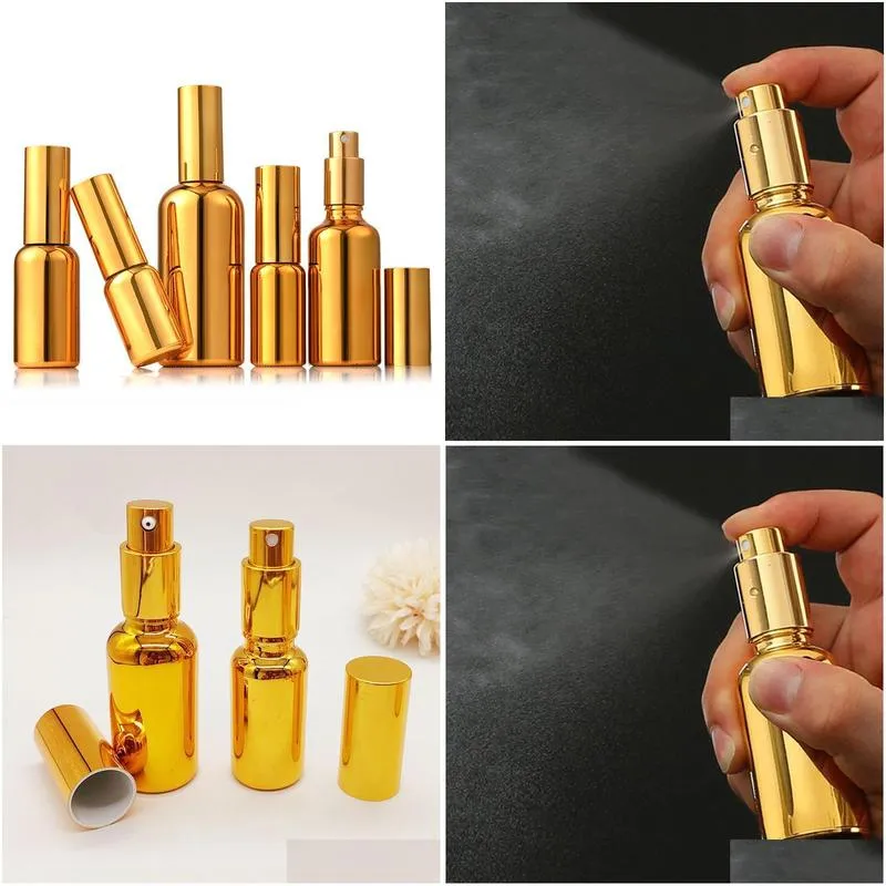 Packing Bottles Wholesale 100Ml Gold Pump Cosmetic Glass Essential Oil Per Bottles With Spray For Personal Care Drop Delivery Office S Otsku