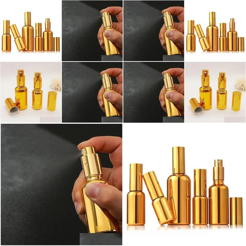 Packing Bottles Wholesale 100Ml Gold Pump Cosmetic Glass Essential Oil Per Bottles With Spray For Personal Care Drop Delivery Office S Otsku